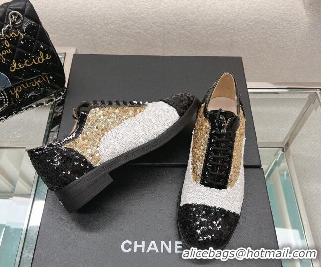 Original Cheap Chanel Sequins Leather Lace-ups Shoes Silver/Gold/White 120033