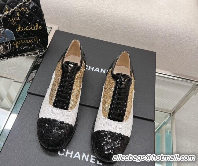 Original Cheap Chanel Sequins Leather Lace-ups Shoes Silver/Gold/White 120033