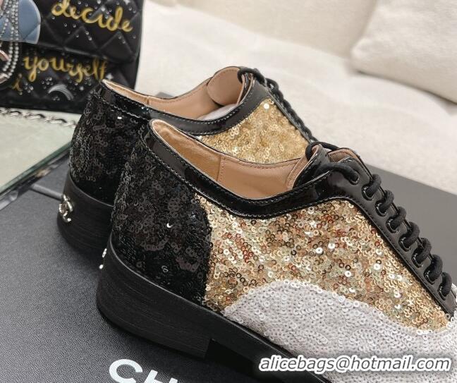 Original Cheap Chanel Sequins Leather Lace-ups Shoes Silver/Gold/White 120033