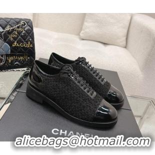 Pretty Style Chanel Tweed & Patent Leather Lace-ups Shoes Black 120034