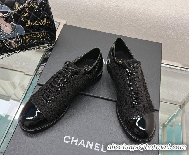 Pretty Style Chanel Tweed & Patent Leather Lace-ups Shoes Black 120034