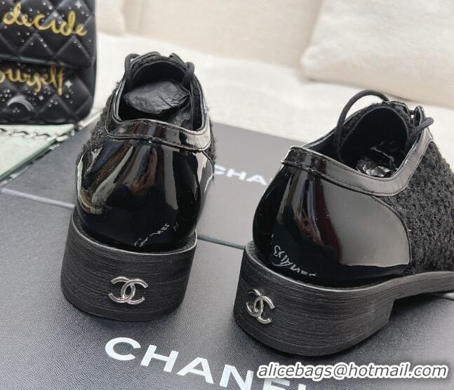 Pretty Style Chanel Tweed & Patent Leather Lace-ups Shoes Black 120034