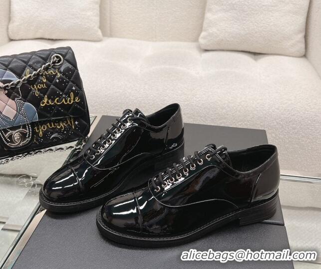 Good Looking Chanel Patent Calfskin Lace-ups Shoes Black 120036