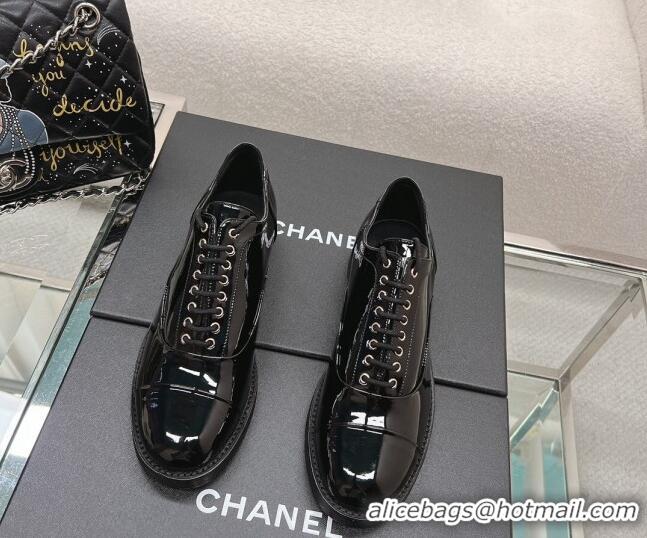 Good Looking Chanel Patent Calfskin Lace-ups Shoes Black 120036