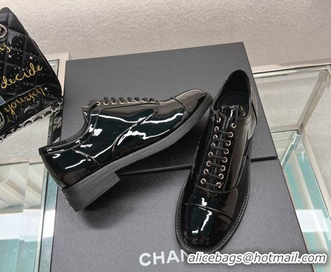 Good Looking Chanel Patent Calfskin Lace-ups Shoes Black 120036