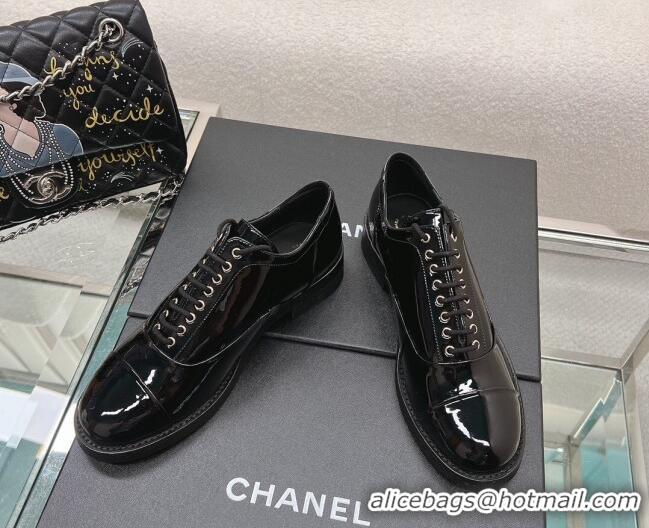 Good Looking Chanel Patent Calfskin Lace-ups Shoes Black 120036