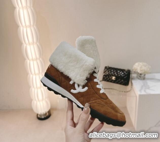 Good Quality Chanel Quilted Suede and Foldover Shearling Ankle Boots Brown 120039