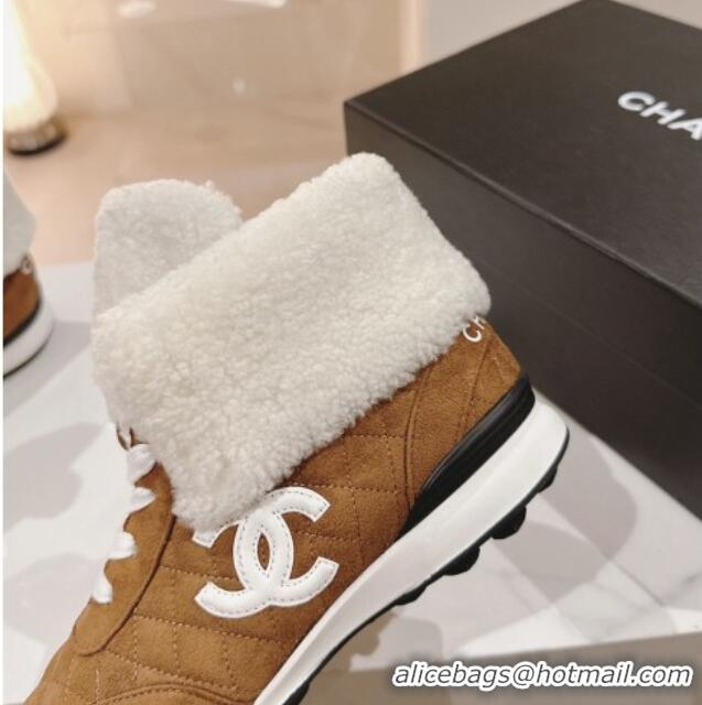 Good Quality Chanel Quilted Suede and Foldover Shearling Ankle Boots Brown 120039