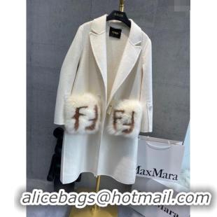 Good Looking Fendi Cashmere Coat with Fox Fur Pocket F112515 White 2023