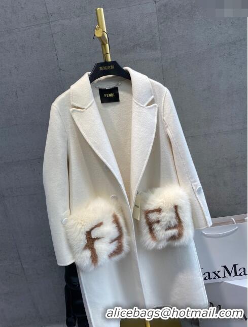 Good Looking Fendi Cashmere Coat with Fox Fur Pocket F112515 White 2023