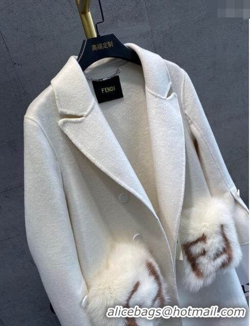 Good Looking Fendi Cashmere Coat with Fox Fur Pocket F112515 White 2023