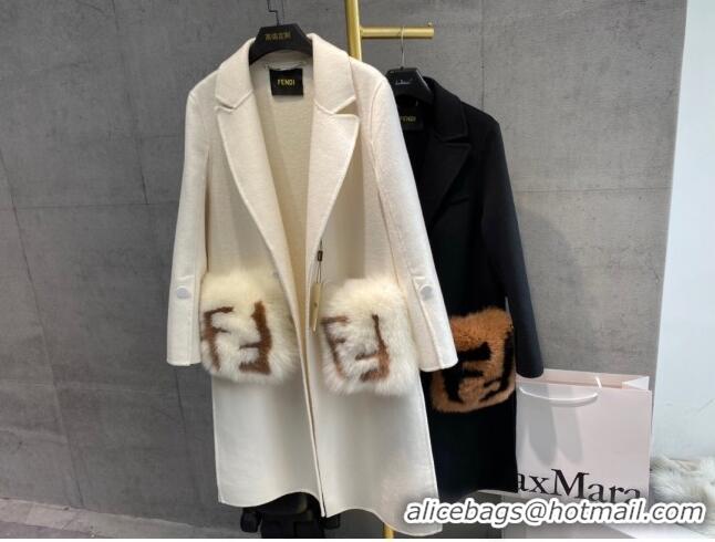 Good Looking Fendi Cashmere Coat with Fox Fur Pocket F112515 White 2023