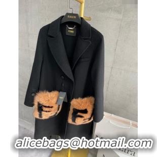 ​Top Grade Fendi Cashmere Coat with Fox Fur Pocket F112511 Black 2023