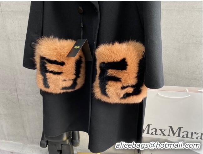 ​Top Grade Fendi Cashmere Coat with Fox Fur Pocket F112511 Black 2023