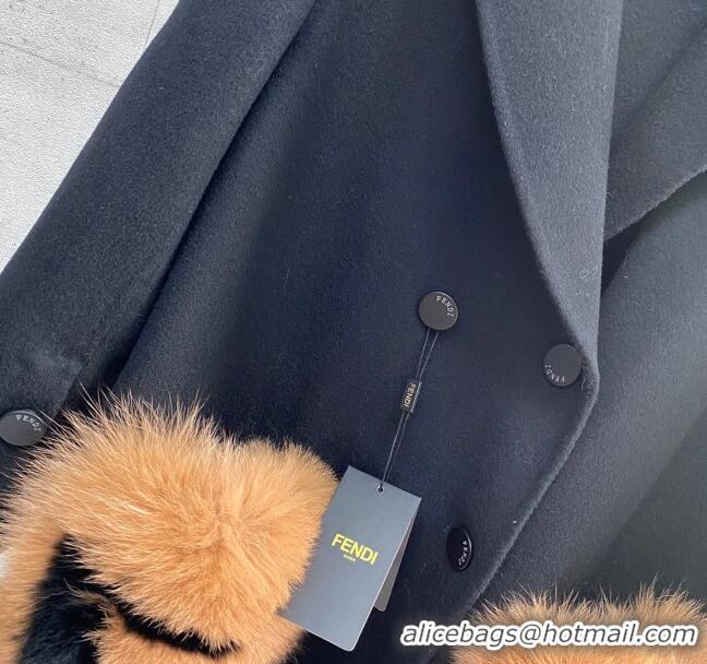 ​Top Grade Fendi Cashmere Coat with Fox Fur Pocket F112511 Black 2023