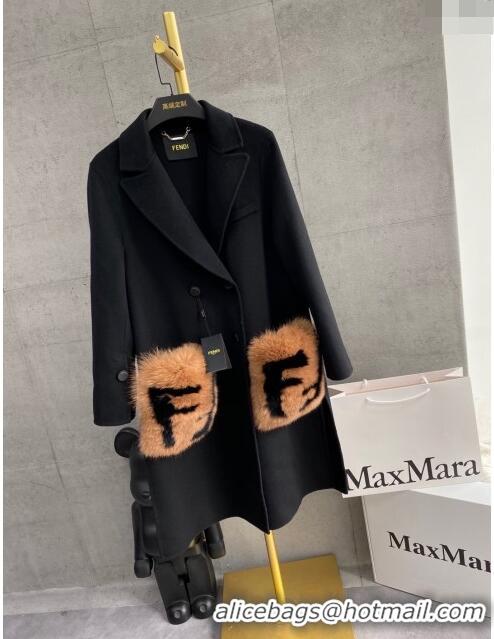 ​Top Grade Fendi Cashmere Coat with Fox Fur Pocket F112511 Black 2023