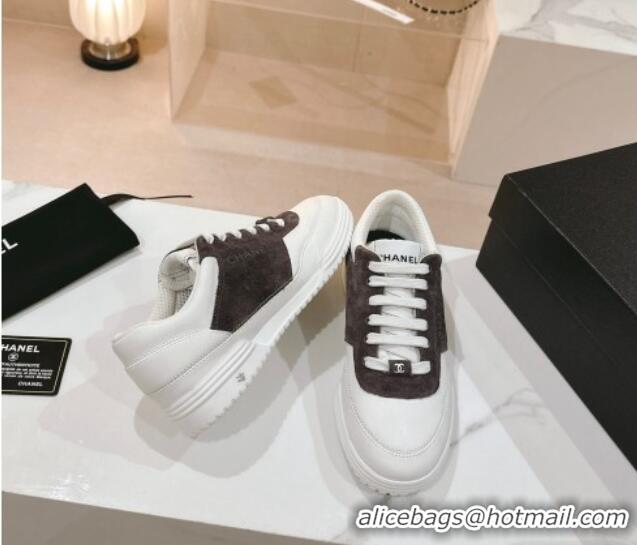 Unique Style Chanel White Leather and Suede Sneakers Dark Grey 120043