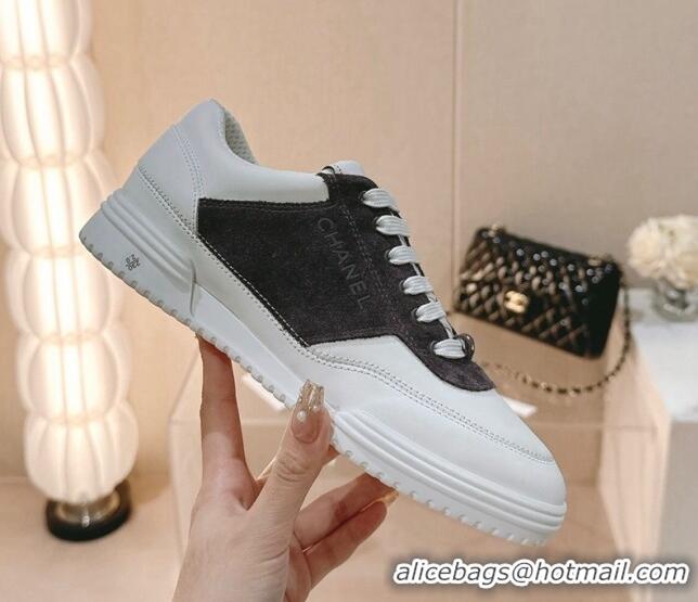 Unique Style Chanel White Leather and Suede Sneakers Dark Grey 120043