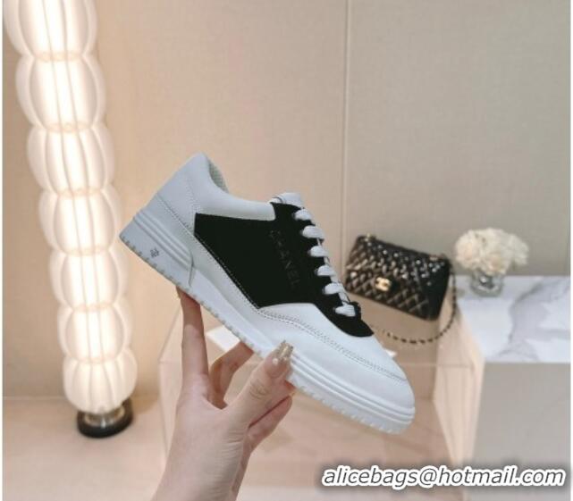 Grade Chanel White Leather and Suede Sneakers Black 120044