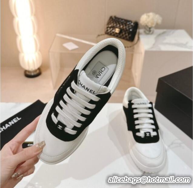 Grade Chanel White Leather and Suede Sneakers Black 120044