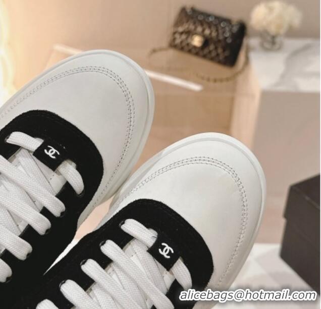 Grade Chanel White Leather and Suede Sneakers Black 120044