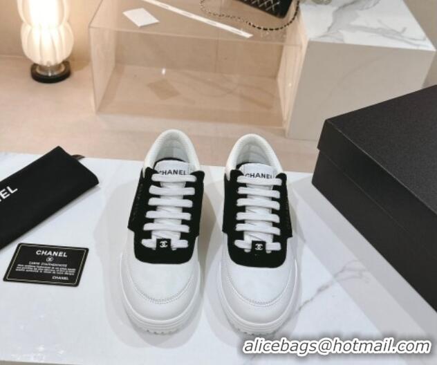 Grade Chanel White Leather and Suede Sneakers Black 120044