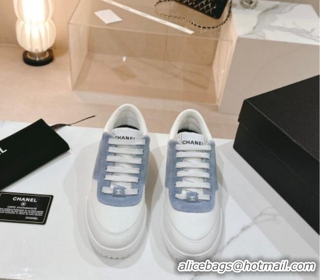 Shop Duplicate Chanel White Leather and Suede Sneakers White/Blue 120045