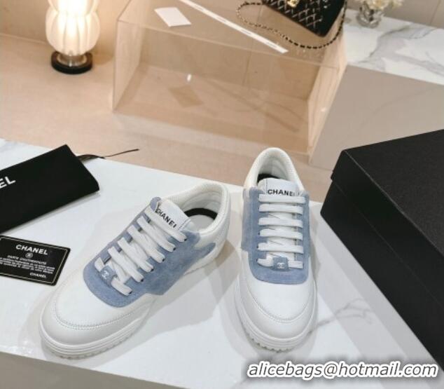 Shop Duplicate Chanel White Leather and Suede Sneakers White/Blue 120045