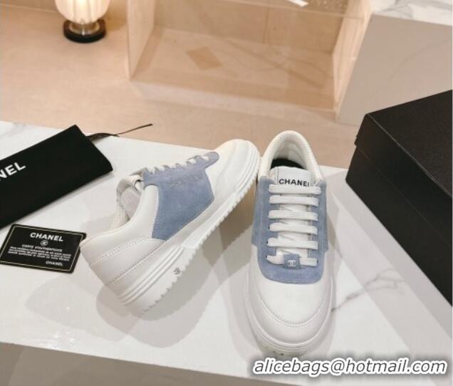 Shop Duplicate Chanel White Leather and Suede Sneakers White/Blue 120045