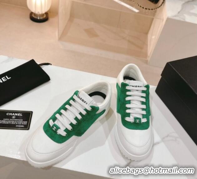 Expensive Chanel White Leather and Suede Sneakers White/Green 120046