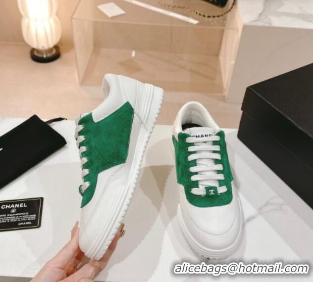 Expensive Chanel White Leather and Suede Sneakers White/Green 120046