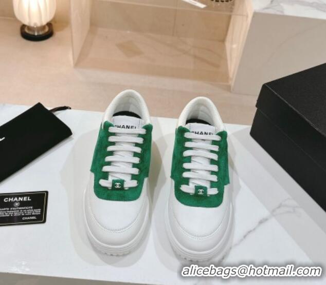 Expensive Chanel White Leather and Suede Sneakers White/Green 120046