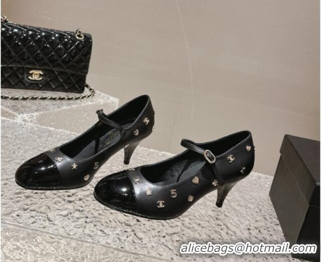 Luxury Discount Chanel Lambskin Mary Janes Pumps with Logo Charm Black 121064