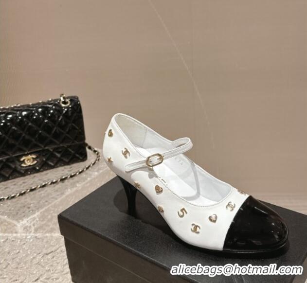 Best Product Chanel Lambskin Mary Janes Pumps with Logo Charm White 121065