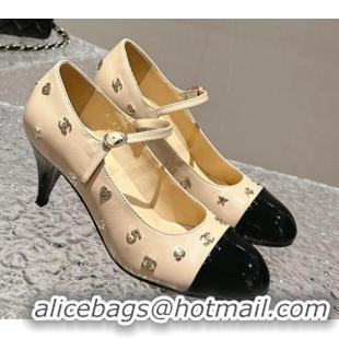 Pretty Style Chanel Lambskin Mary Janes Pumps with Logo Charm Beige 1121066