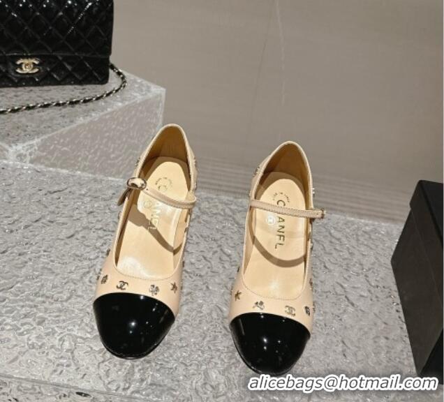 Pretty Style Chanel Lambskin Mary Janes Pumps with Logo Charm Beige 1121066