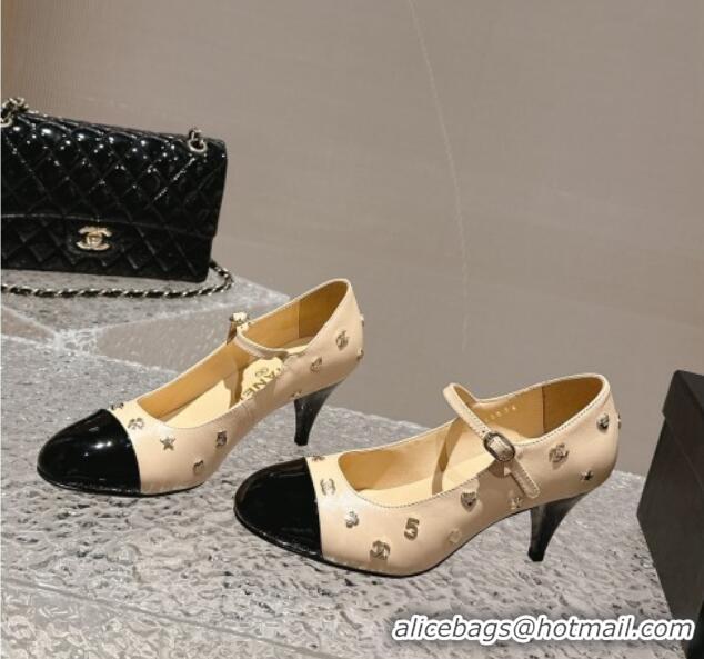 Pretty Style Chanel Lambskin Mary Janes Pumps with Logo Charm Beige 1121066