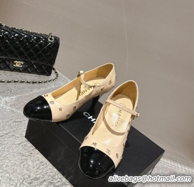 Pretty Style Chanel Lambskin Mary Janes Pumps with Logo Charm Beige 1121066