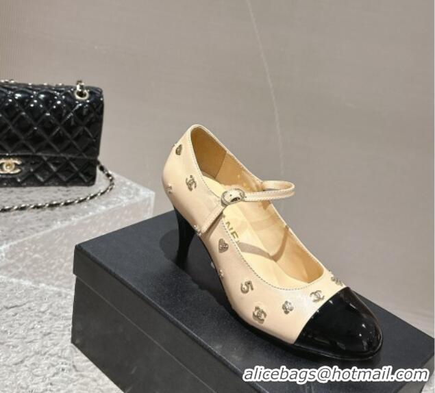 Pretty Style Chanel Lambskin Mary Janes Pumps with Logo Charm Beige 1121066