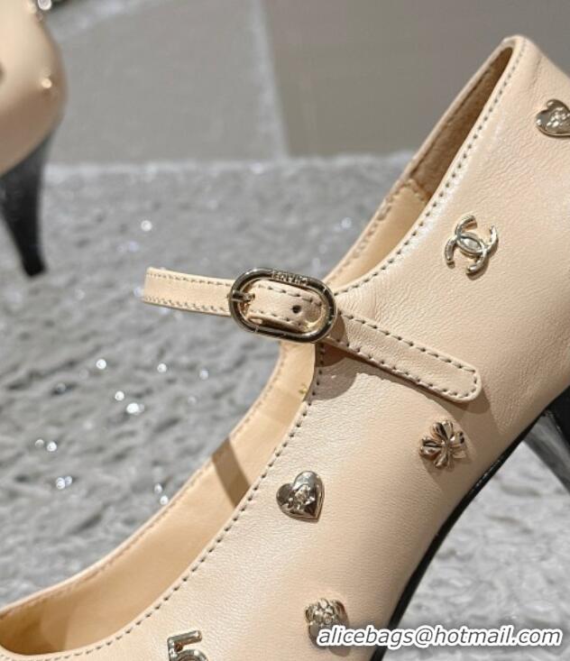 Pretty Style Chanel Lambskin Mary Janes Pumps with Logo Charm Beige 1121066