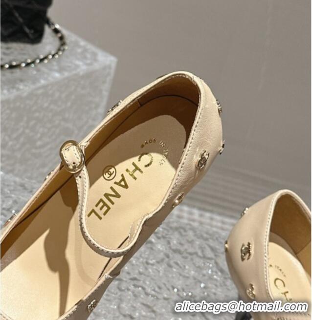 Pretty Style Chanel Lambskin Mary Janes Pumps with Logo Charm Beige 1121066