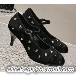 Good Quality Chanel Suede Mary Janes Pumps with Logo Charm Black 121067