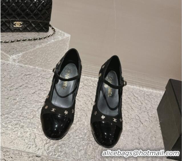 Good Quality Chanel Suede Mary Janes Pumps with Logo Charm Black 121067