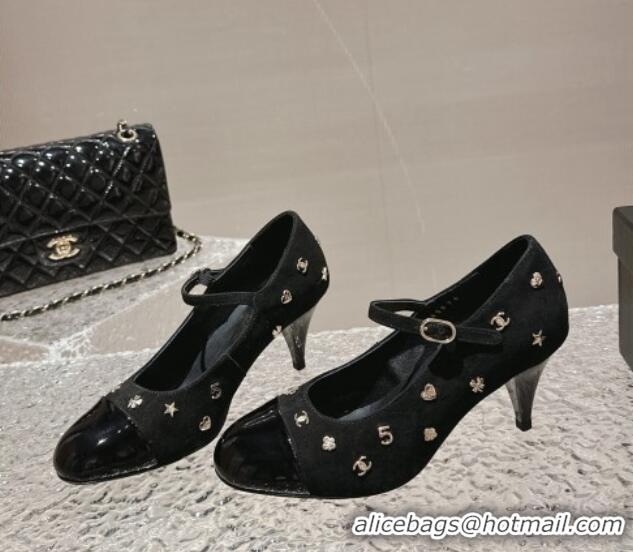 Good Quality Chanel Suede Mary Janes Pumps with Logo Charm Black 121067