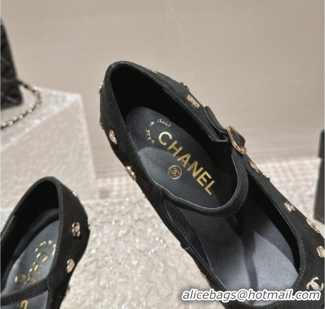 Good Quality Chanel Suede Mary Janes Pumps with Logo Charm Black 121067