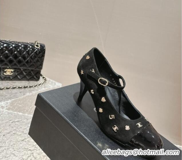 Good Quality Chanel Suede Mary Janes Pumps with Logo Charm Black 121067