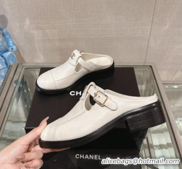 Perfect Chanel Calfskin Loafers Mules with Buckle White 121068