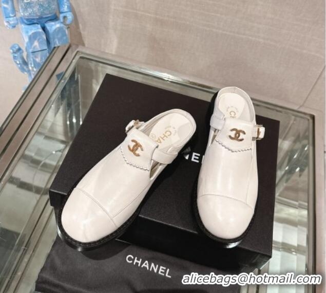 Perfect Chanel Calfskin Loafers Mules with Buckle White 121068