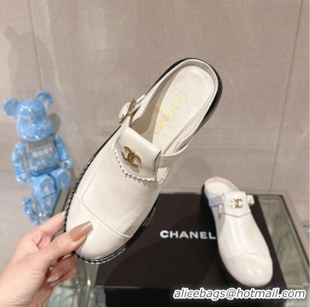 Perfect Chanel Calfskin Loafers Mules with Buckle White 121068