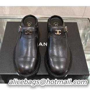 Unique Style Chanel Calfskin Loafers Mules with Buckle Black 121069